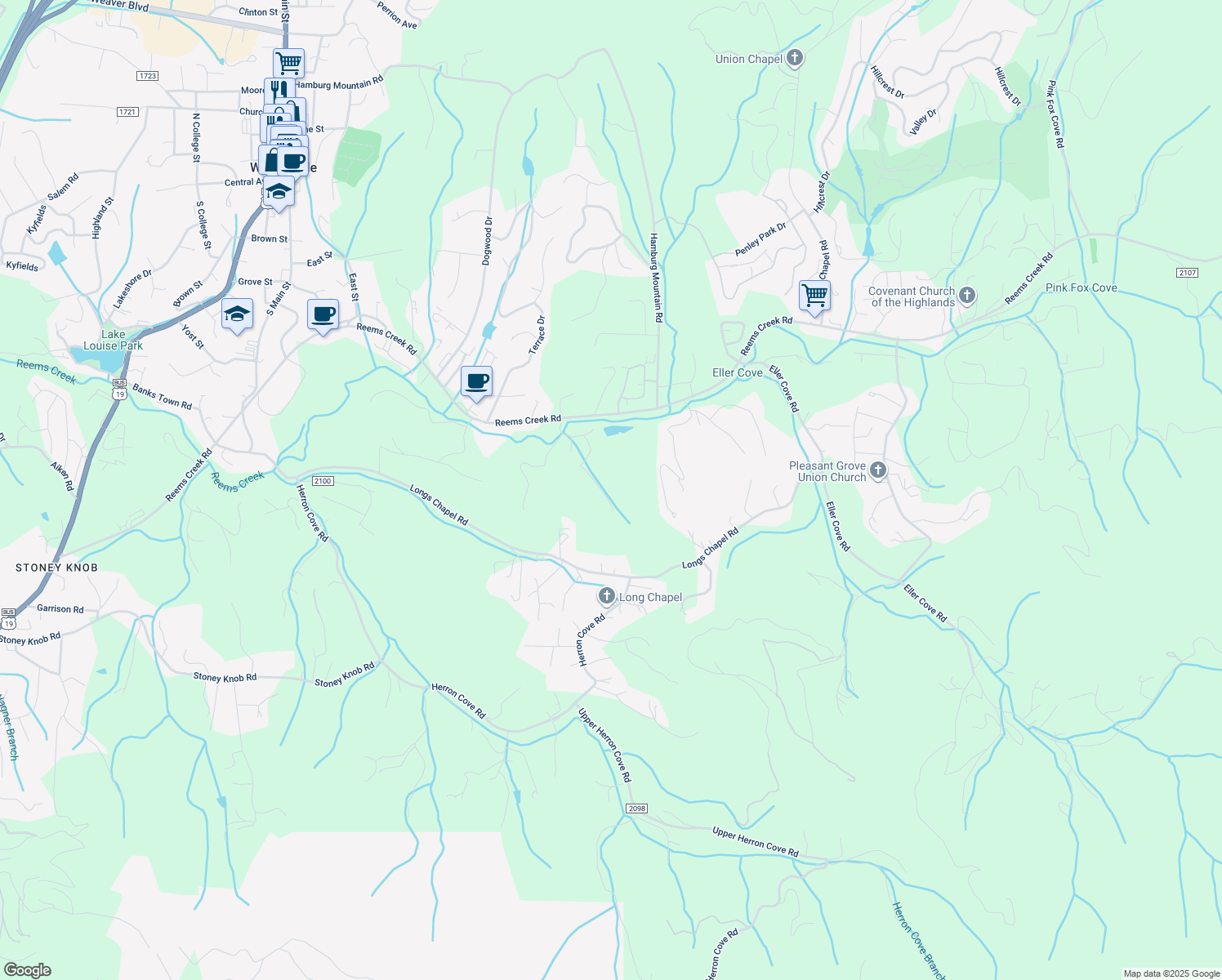 map of restaurants, bars, coffee shops, grocery stores, and more near 27 Old Weaver Farm Road in Weaverville