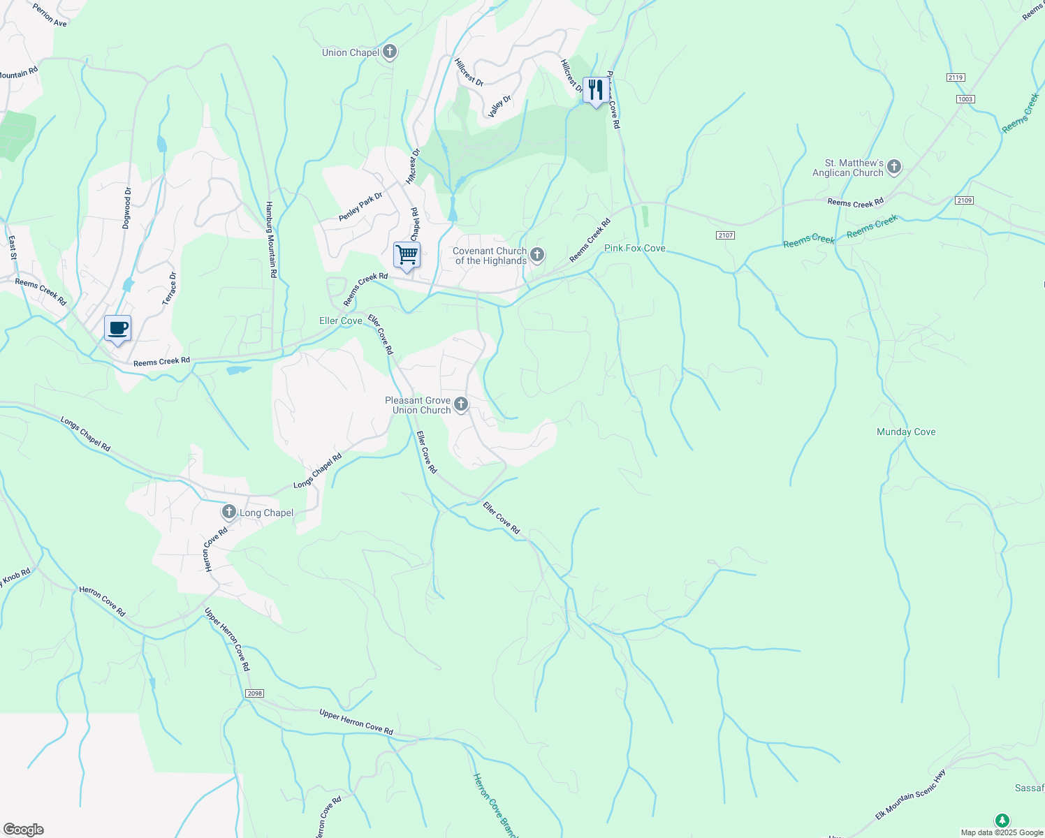 map of restaurants, bars, coffee shops, grocery stores, and more near 99999 Pleasant Grove Road in Weaverville