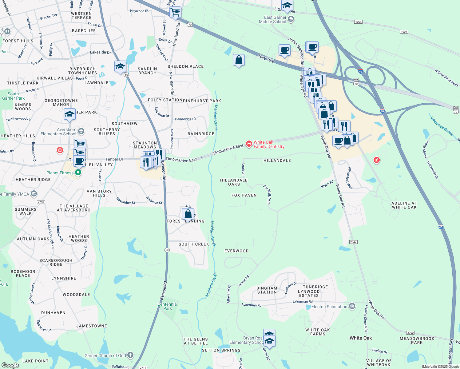 map of restaurants, bars, coffee shops, grocery stores, and more near 508 Stronwood Court in Garner