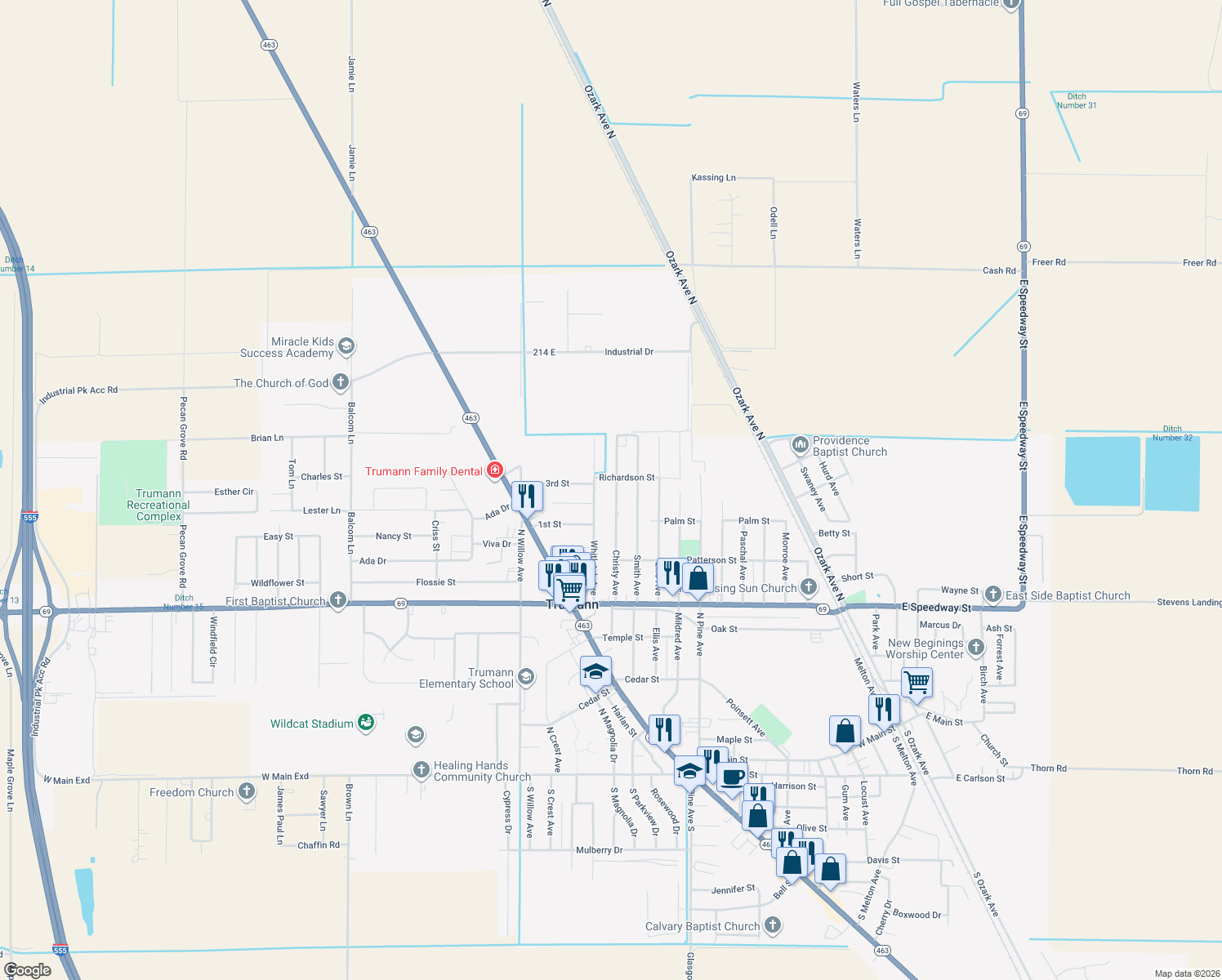 map of restaurants, bars, coffee shops, grocery stores, and more near 727 Christy Ave in Trumann