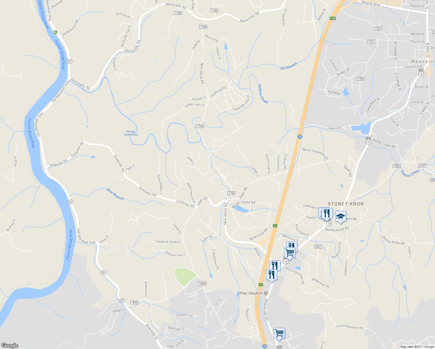 map of restaurants, bars, coffee shops, grocery stores, and more near 1 Tiffany Lane in Asheville