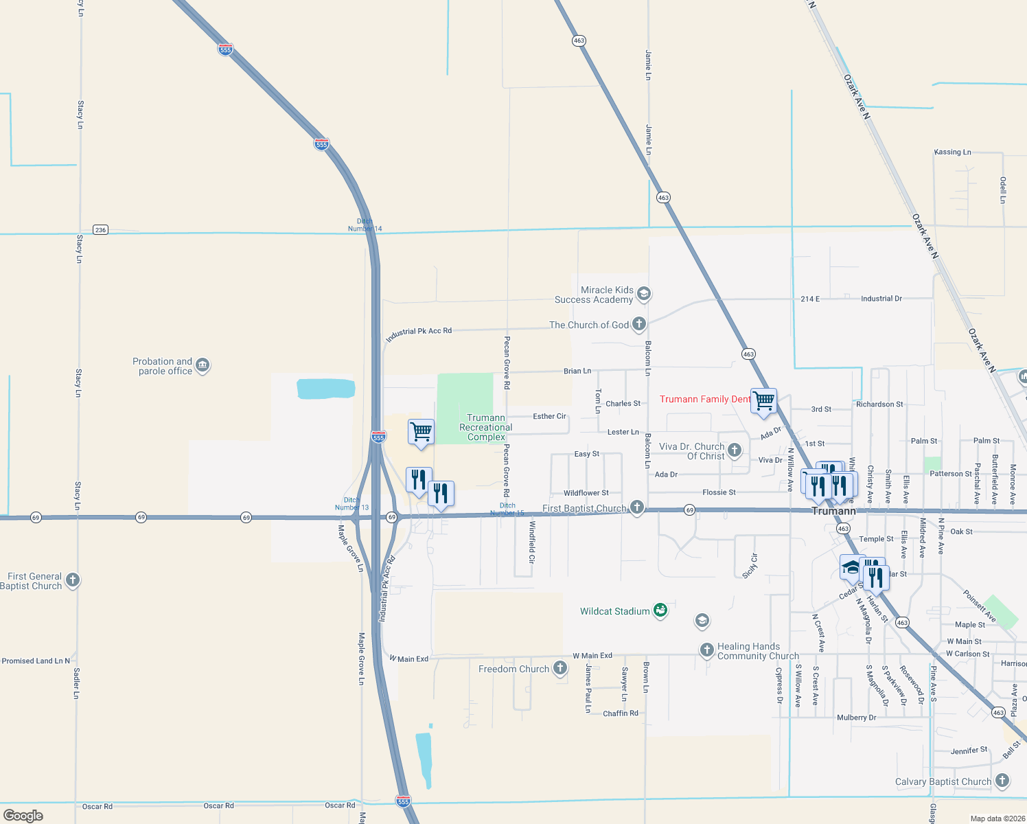 map of restaurants, bars, coffee shops, grocery stores, and more near 16326 Pecan Grove Rd in Trumann