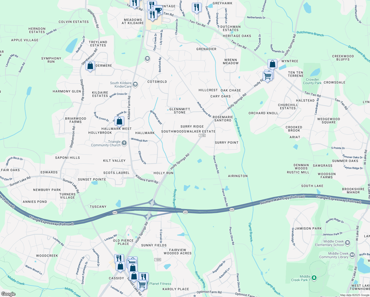 map of restaurants, bars, coffee shops, grocery stores, and more near 9300 Holly Springs Road in Apex