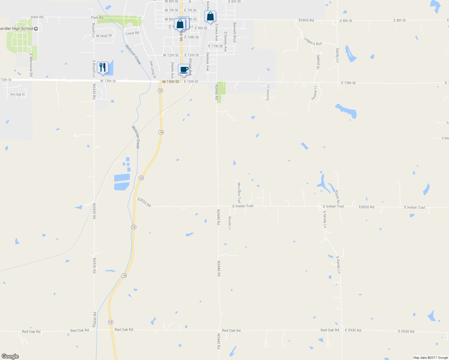 map of restaurants, bars, coffee shops, grocery stores, and more near 910756 South 3440 Road in Chandler