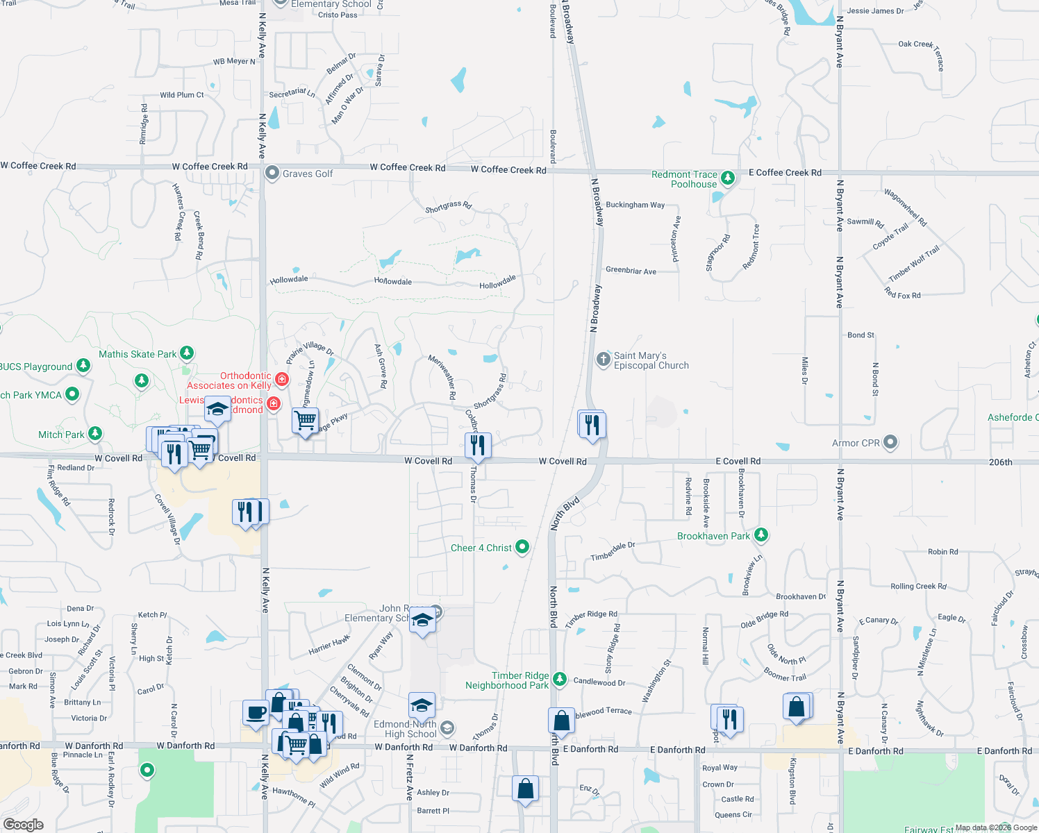 map of restaurants, bars, coffee shops, grocery stores, and more near 2917 Boulder Court in Edmond