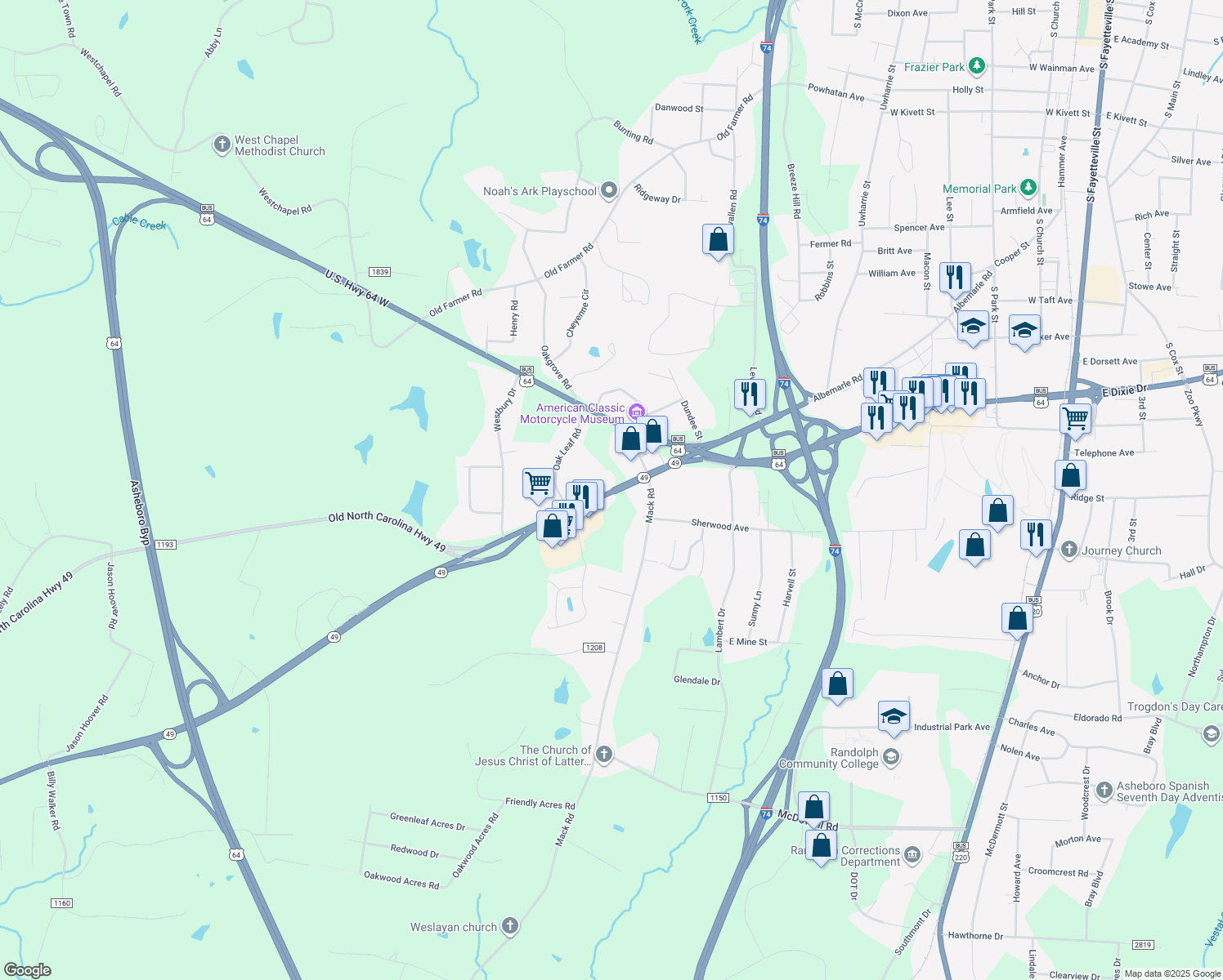 map of restaurants, bars, coffee shops, grocery stores, and more near 264 North Carolina 49 in Asheboro