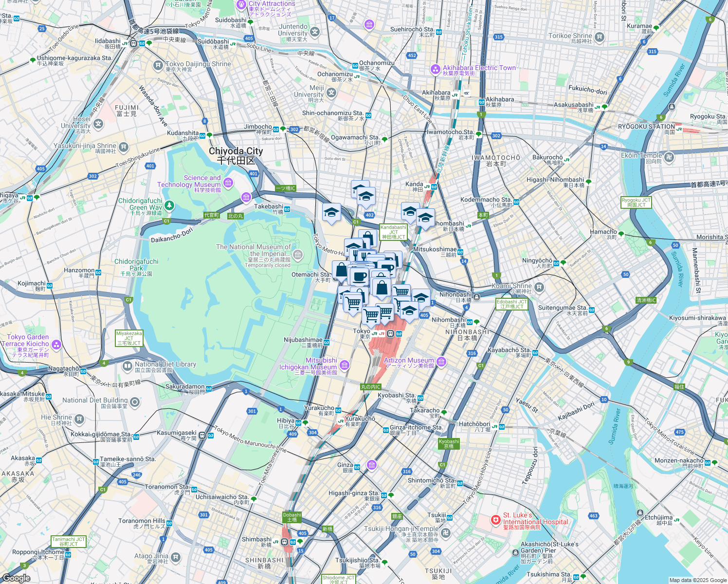 map of restaurants, bars, coffee shops, grocery stores, and more near in Chiyoda City