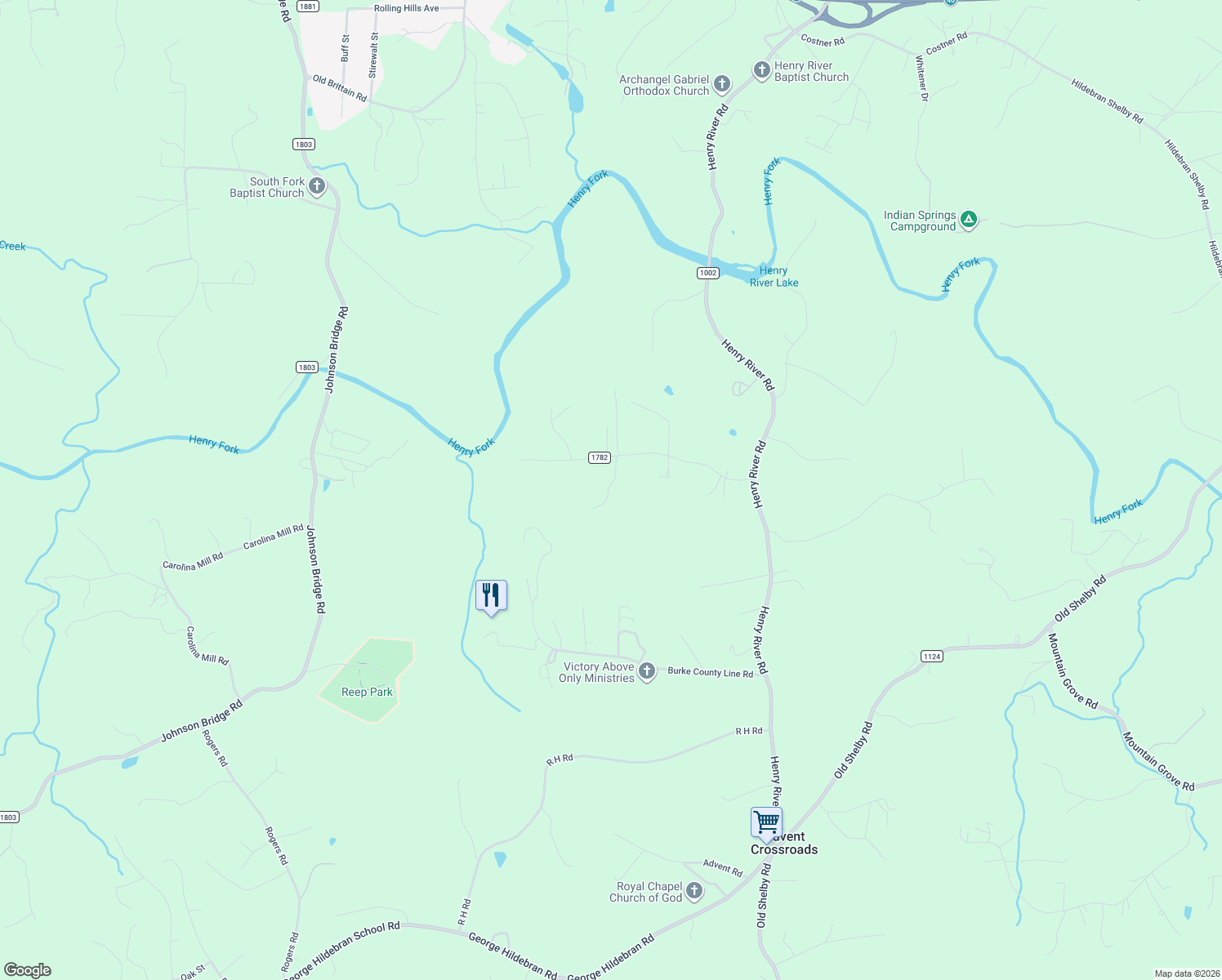 map of restaurants, bars, coffee shops, grocery stores, and more near 8632 County Line Road in Hickory
