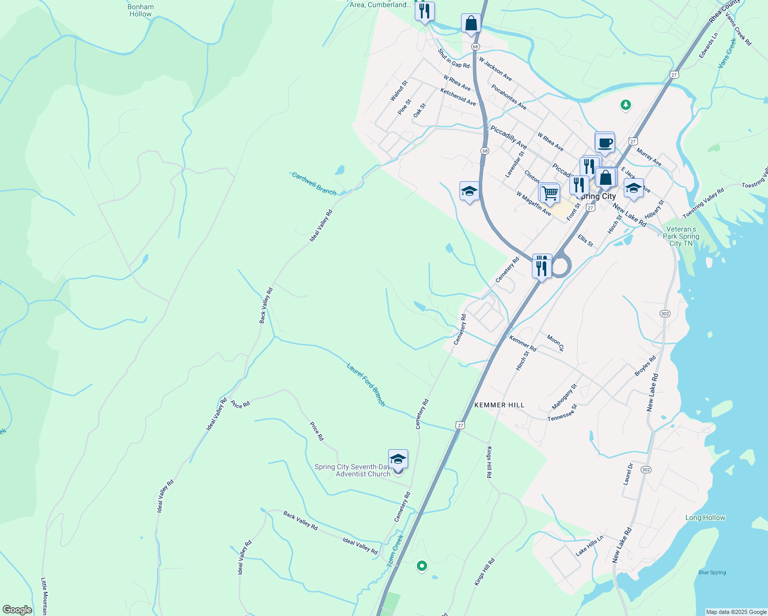 map of restaurants, bars, coffee shops, grocery stores, and more near 449 Wayne Smith Rd in Spring City