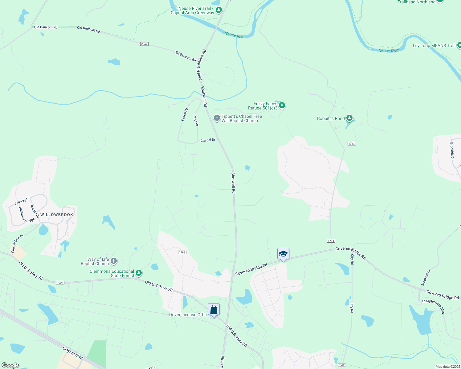 map of restaurants, bars, coffee shops, grocery stores, and more near 2117 Shotwell Road in Clayton
