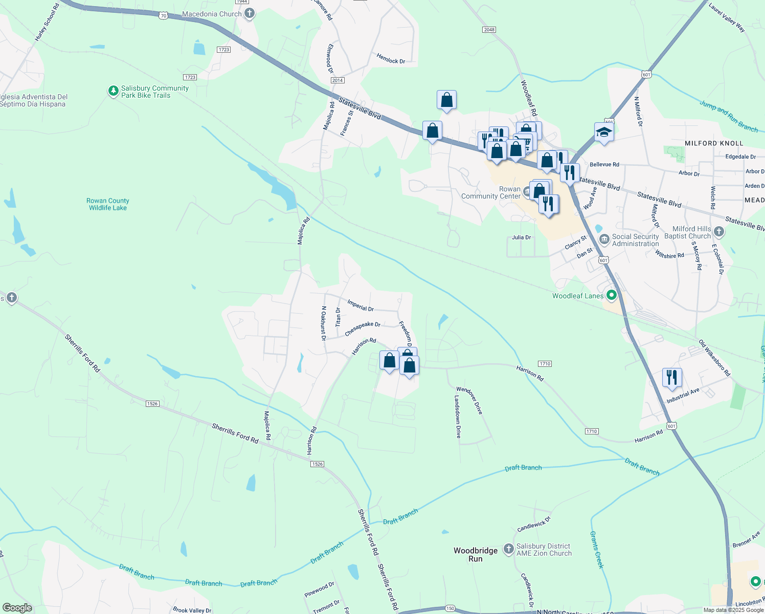 map of restaurants, bars, coffee shops, grocery stores, and more near 140 Imperial Drive in Salisbury