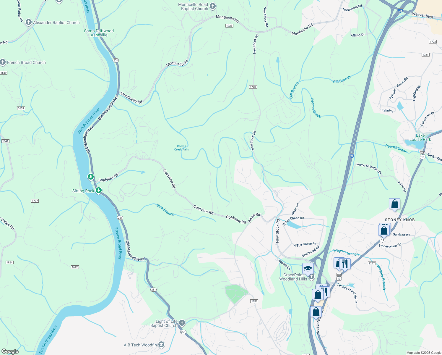 map of restaurants, bars, coffee shops, grocery stores, and more near Rice Meadows in Buncombe County