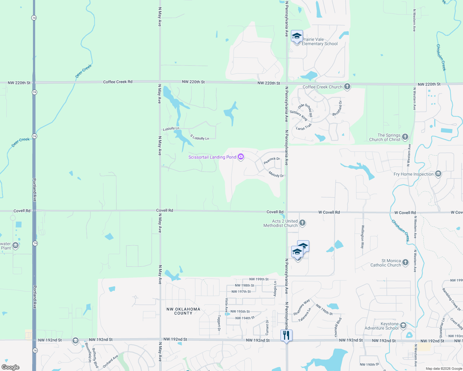 map of restaurants, bars, coffee shops, grocery stores, and more near 20853 Highlander Ridge Drive in Edmond