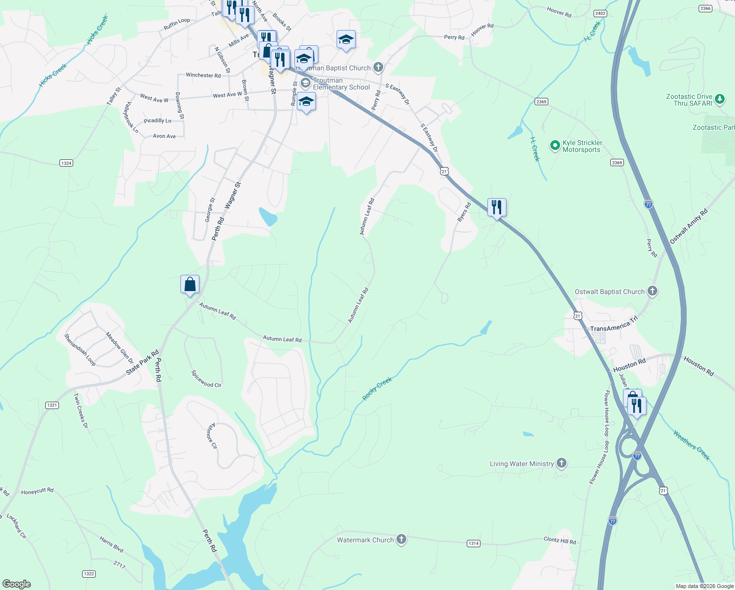 map of restaurants, bars, coffee shops, grocery stores, and more near 321 Autumn Leaf Road in Troutman