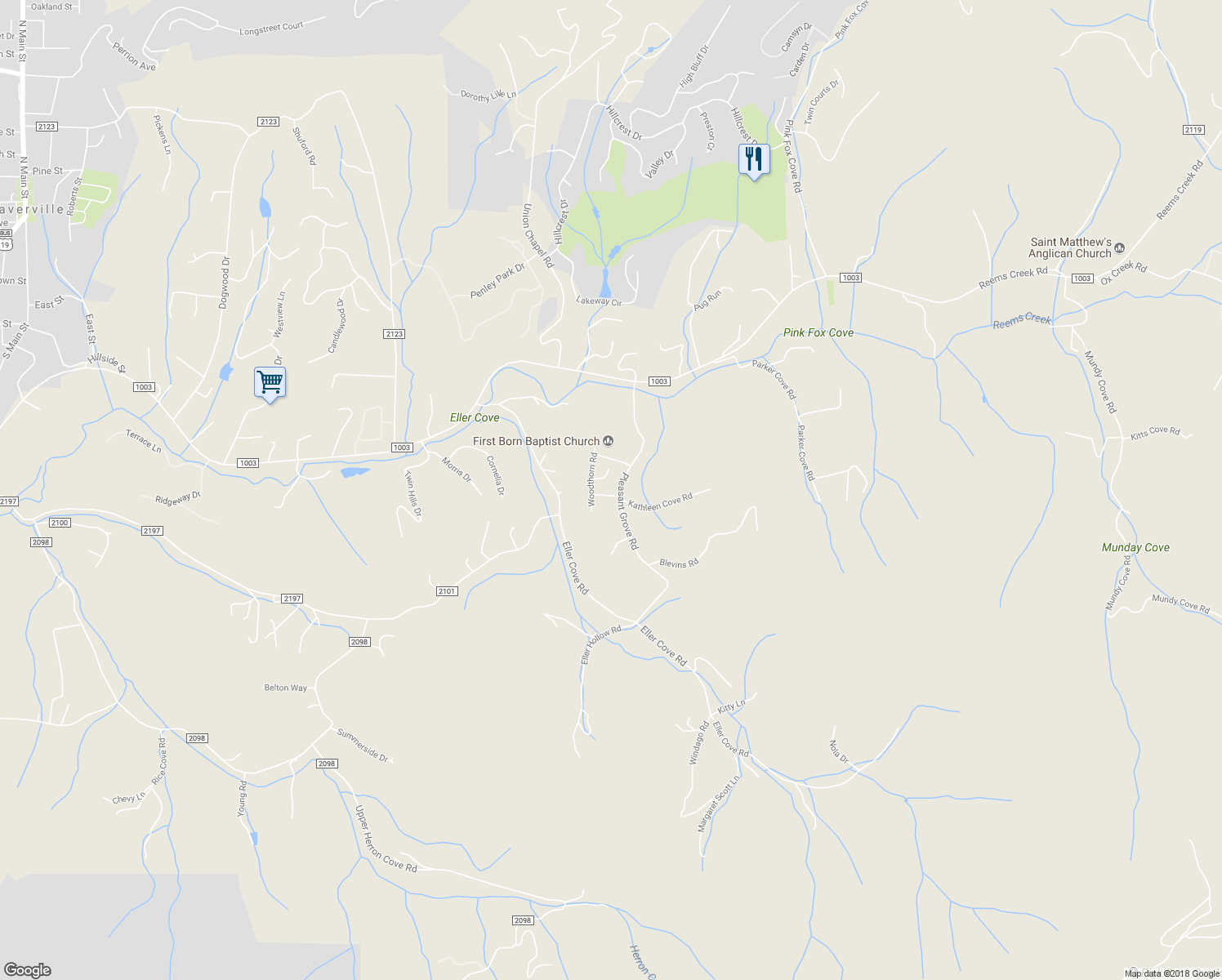 map of restaurants, bars, coffee shops, grocery stores, and more near 9 Forestwood Road in Weaverville