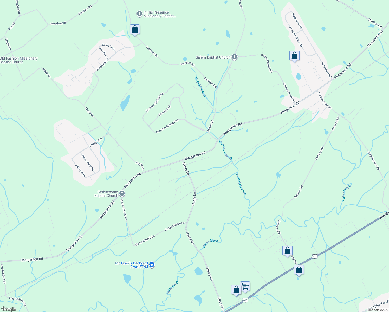 map of restaurants, bars, coffee shops, grocery stores, and more near 5010 Morganton Road in Greenback