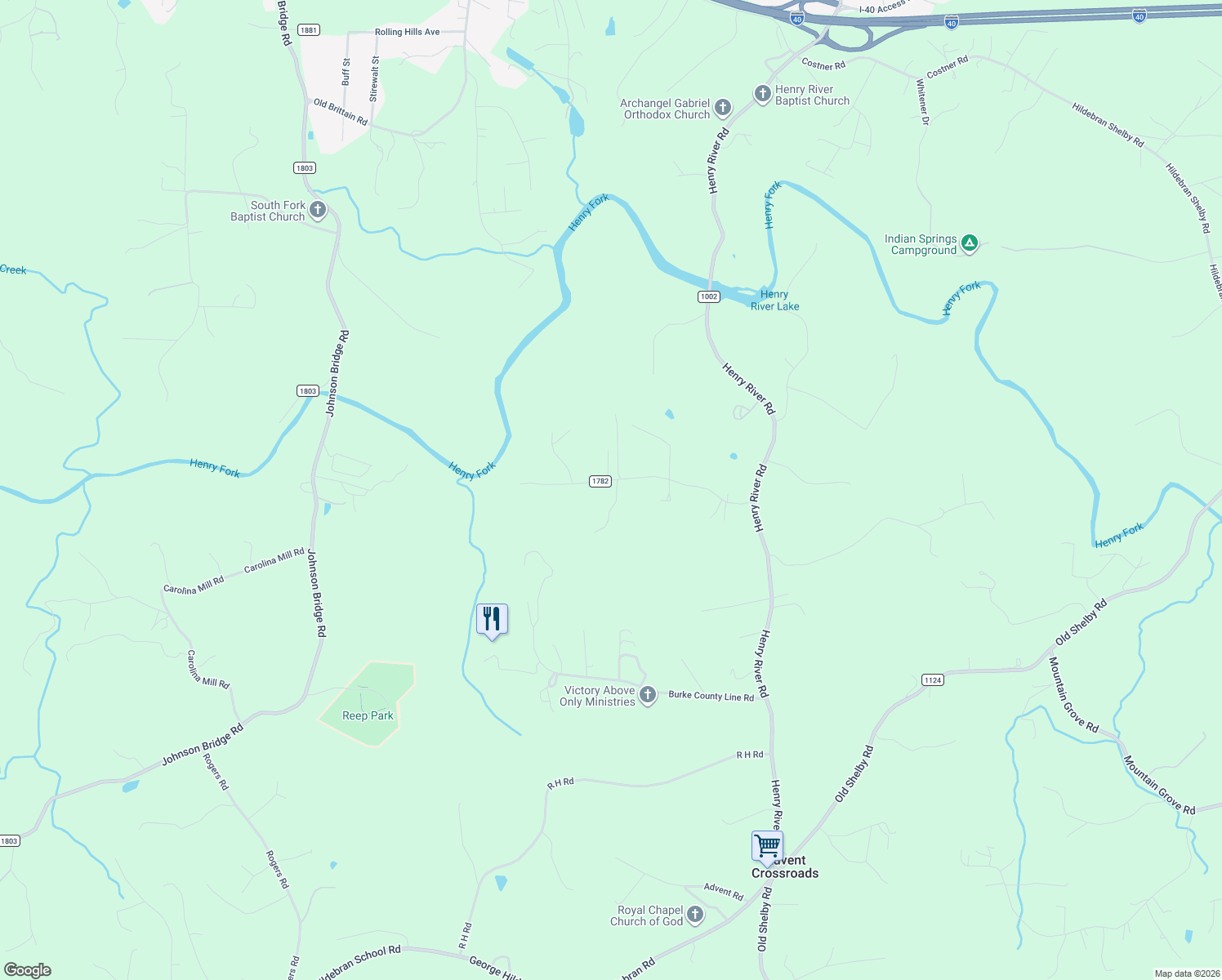 map of restaurants, bars, coffee shops, grocery stores, and more near 8632 County Line Road in Hickory