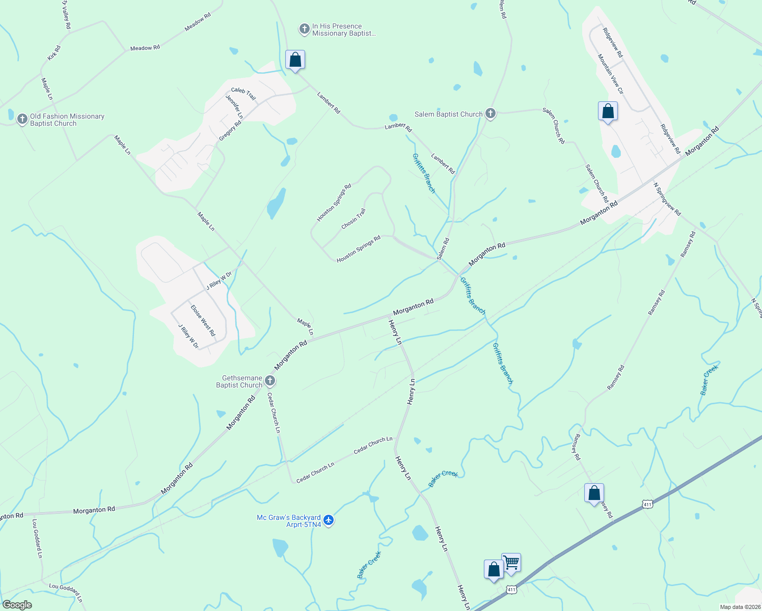 map of restaurants, bars, coffee shops, grocery stores, and more near 5105 Morganton Rd in Greenback