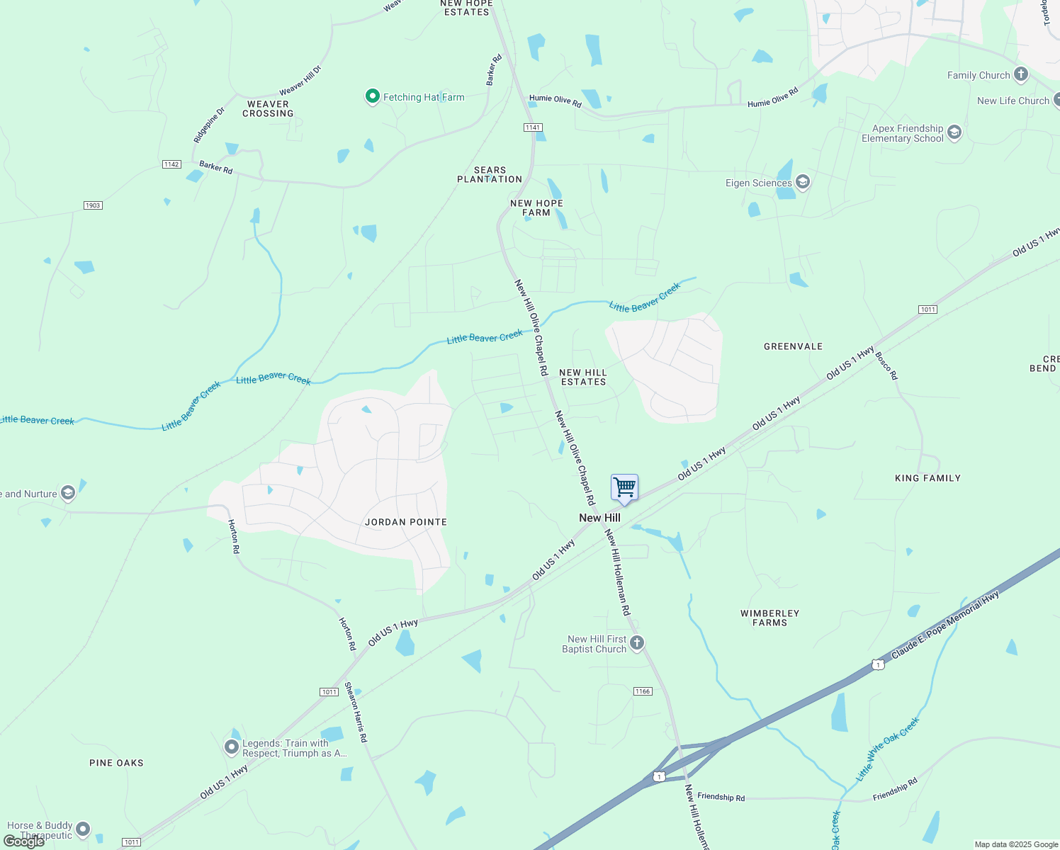 map of restaurants, bars, coffee shops, grocery stores, and more near 2520 New Hill Olive Chapel Road in New Hill