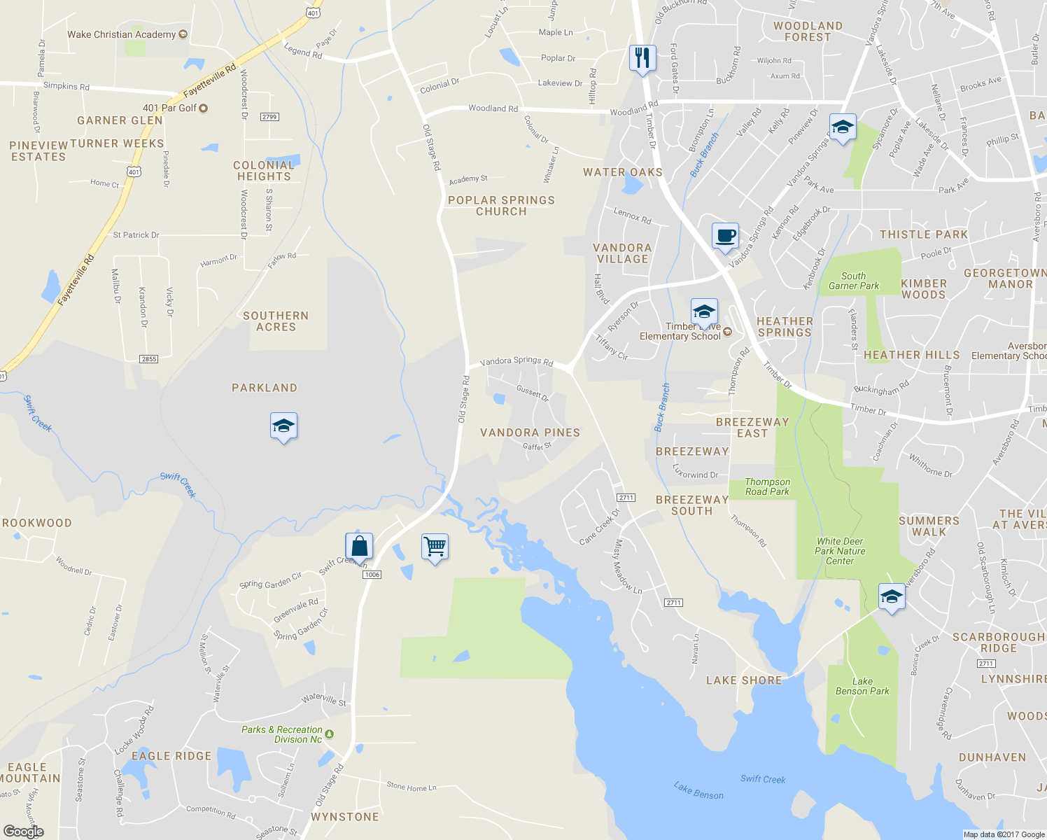 map of restaurants, bars, coffee shops, grocery stores, and more near 138 Roan Drive in Garner