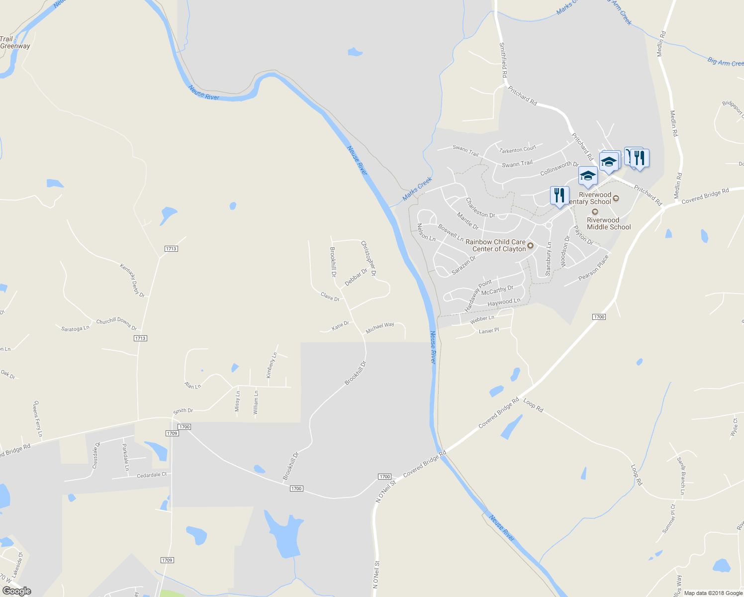 map of restaurants, bars, coffee shops, grocery stores, and more near 117 Christopher Drive in Clayton