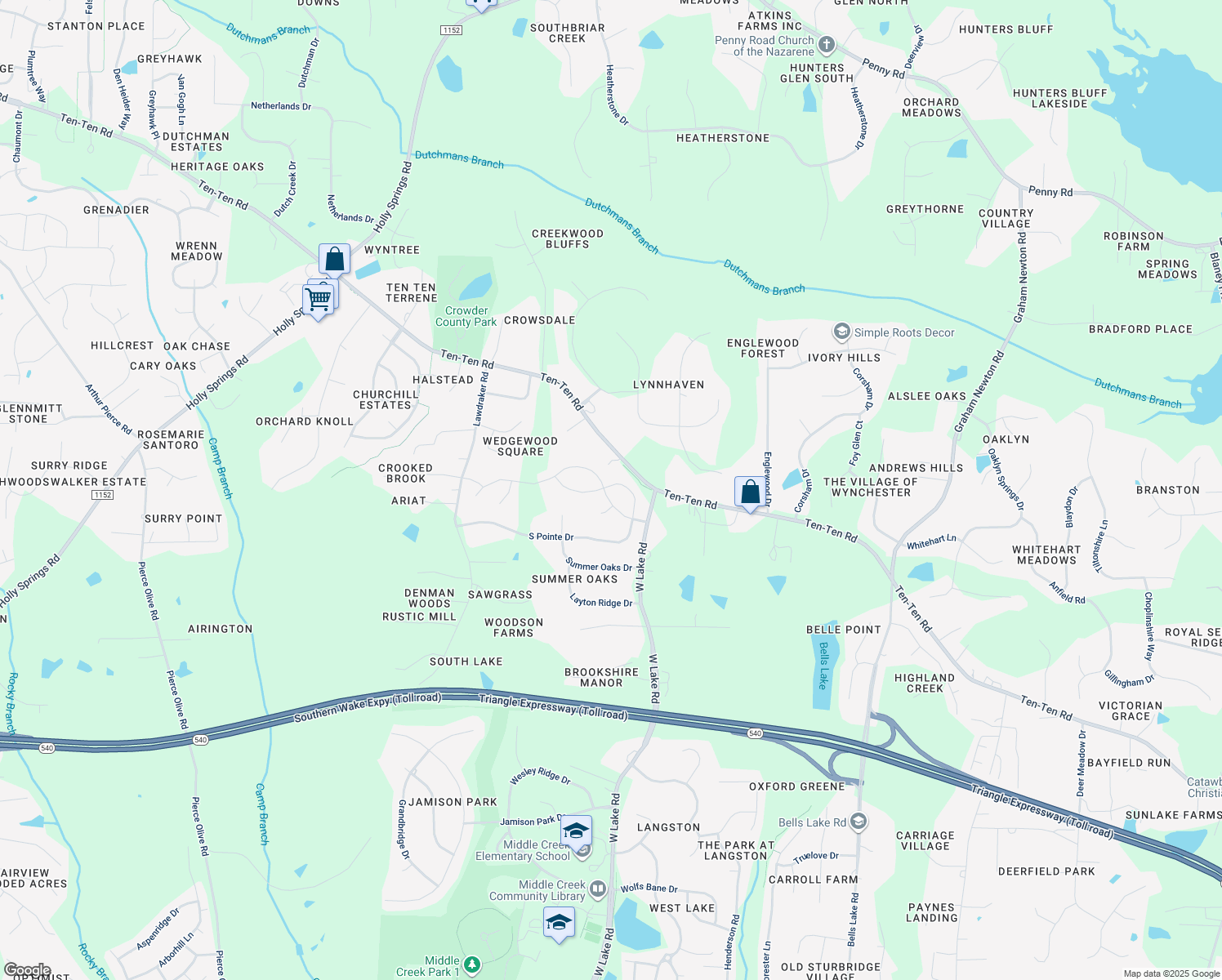 map of restaurants, bars, coffee shops, grocery stores, and more near 5116 Ten-Ten Road in Apex