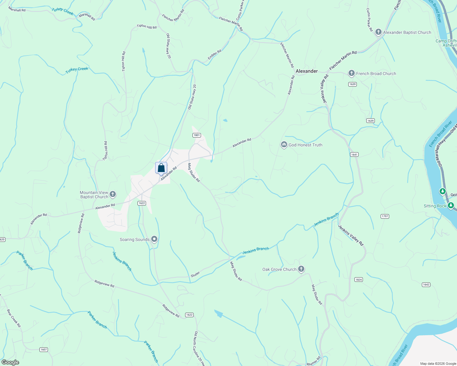 map of restaurants, bars, coffee shops, grocery stores, and more near 34 Julep Drive in Alexander