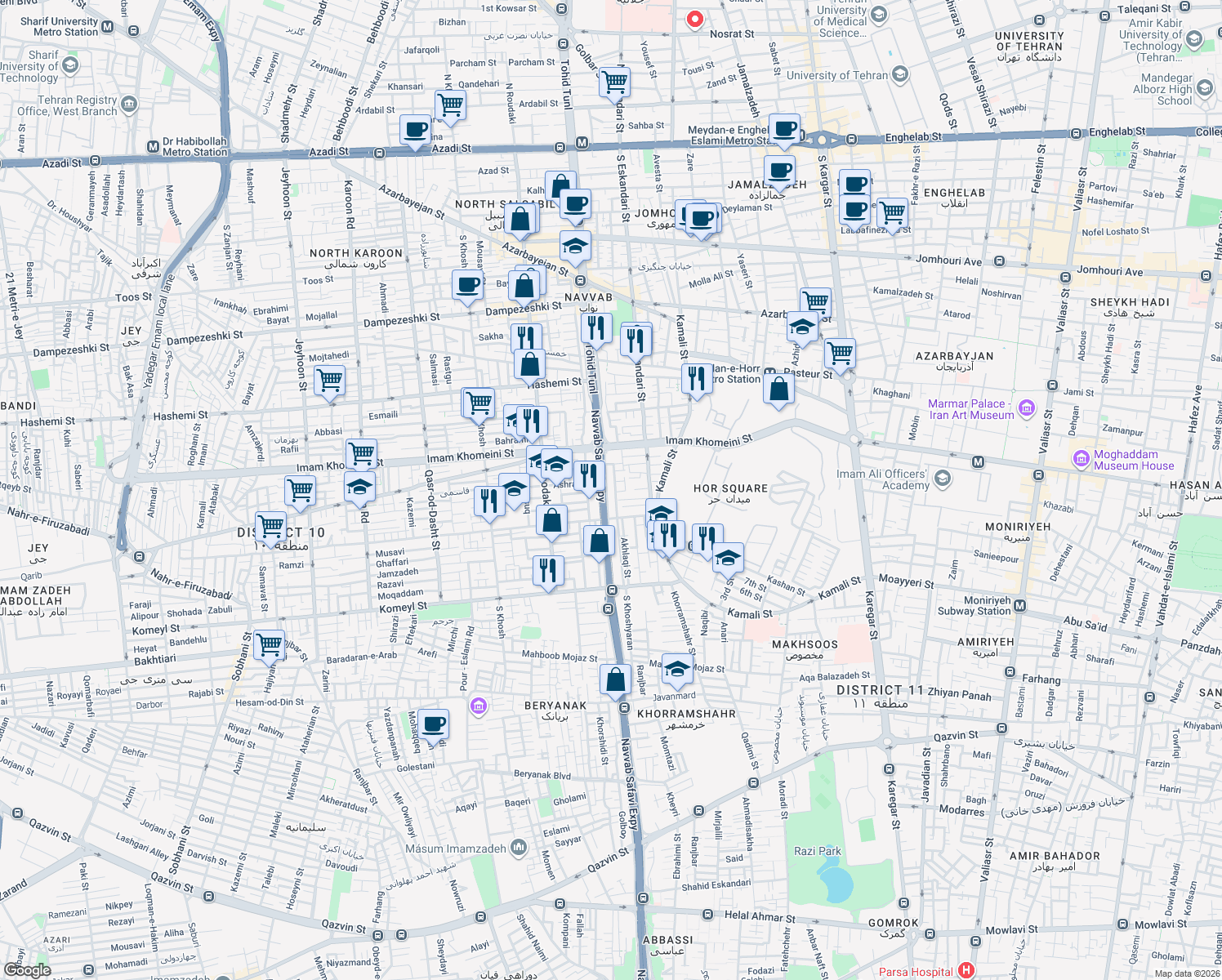 map of restaurants, bars, coffee shops, grocery stores, and more near Navvab Expressway in Tehran