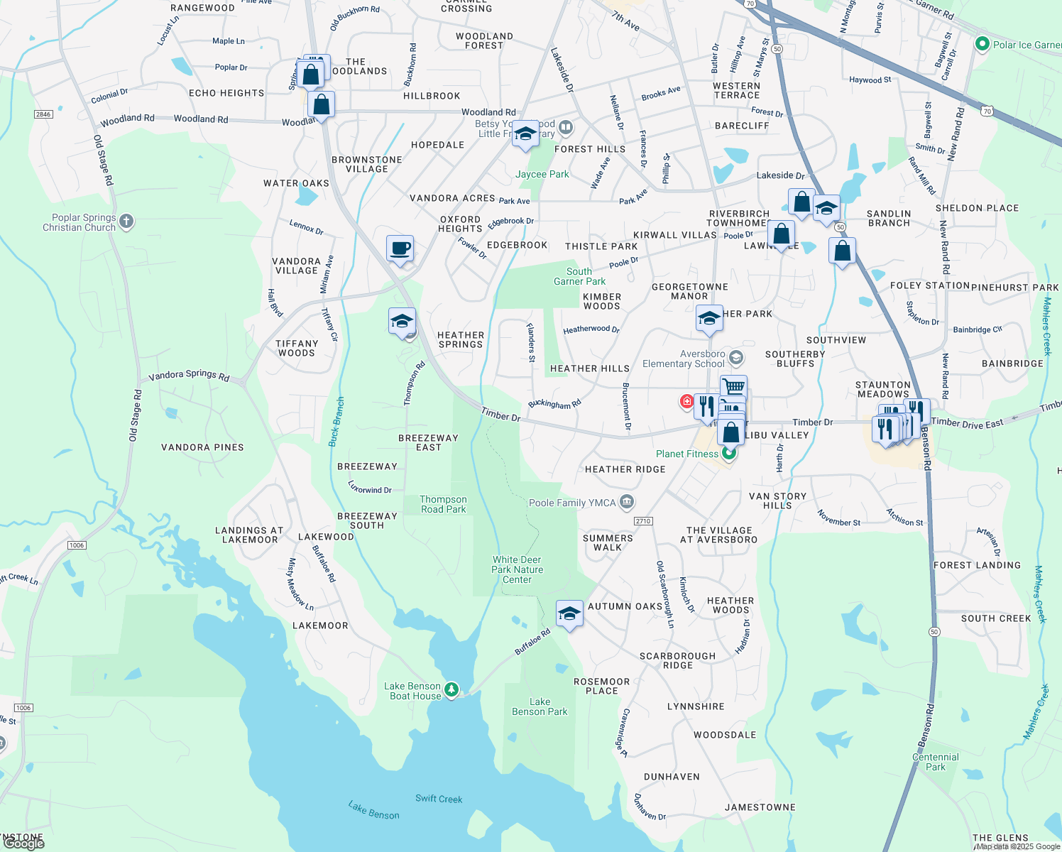 map of restaurants, bars, coffee shops, grocery stores, and more near 1401 Timber Drive in Garner