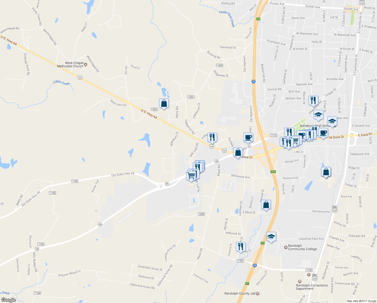 map of restaurants, bars, coffee shops, grocery stores, and more near 182 Oak Leaf Road in Asheboro