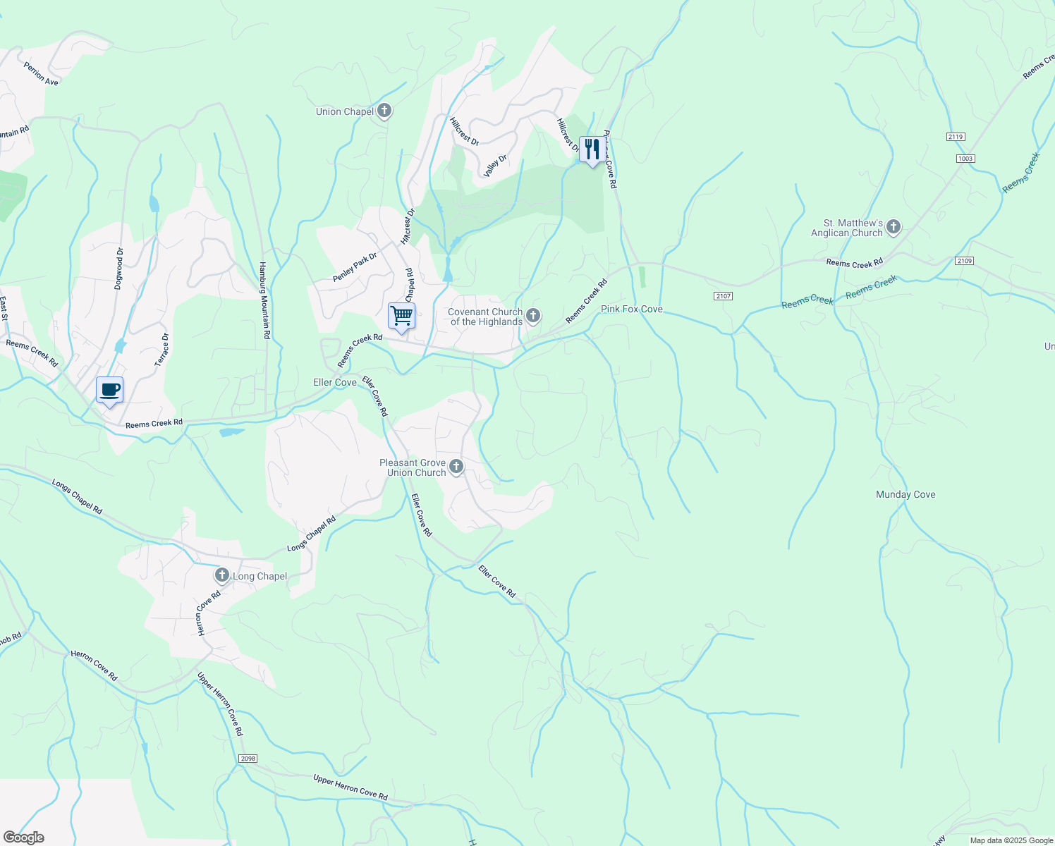map of restaurants, bars, coffee shops, grocery stores, and more near 115 Water Leaf Drive in Weaverville