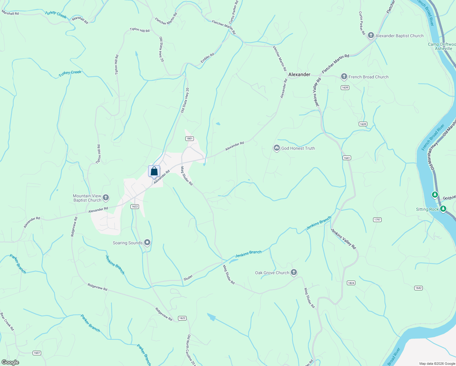 map of restaurants, bars, coffee shops, grocery stores, and more near 34 Julep Drive in Alexander