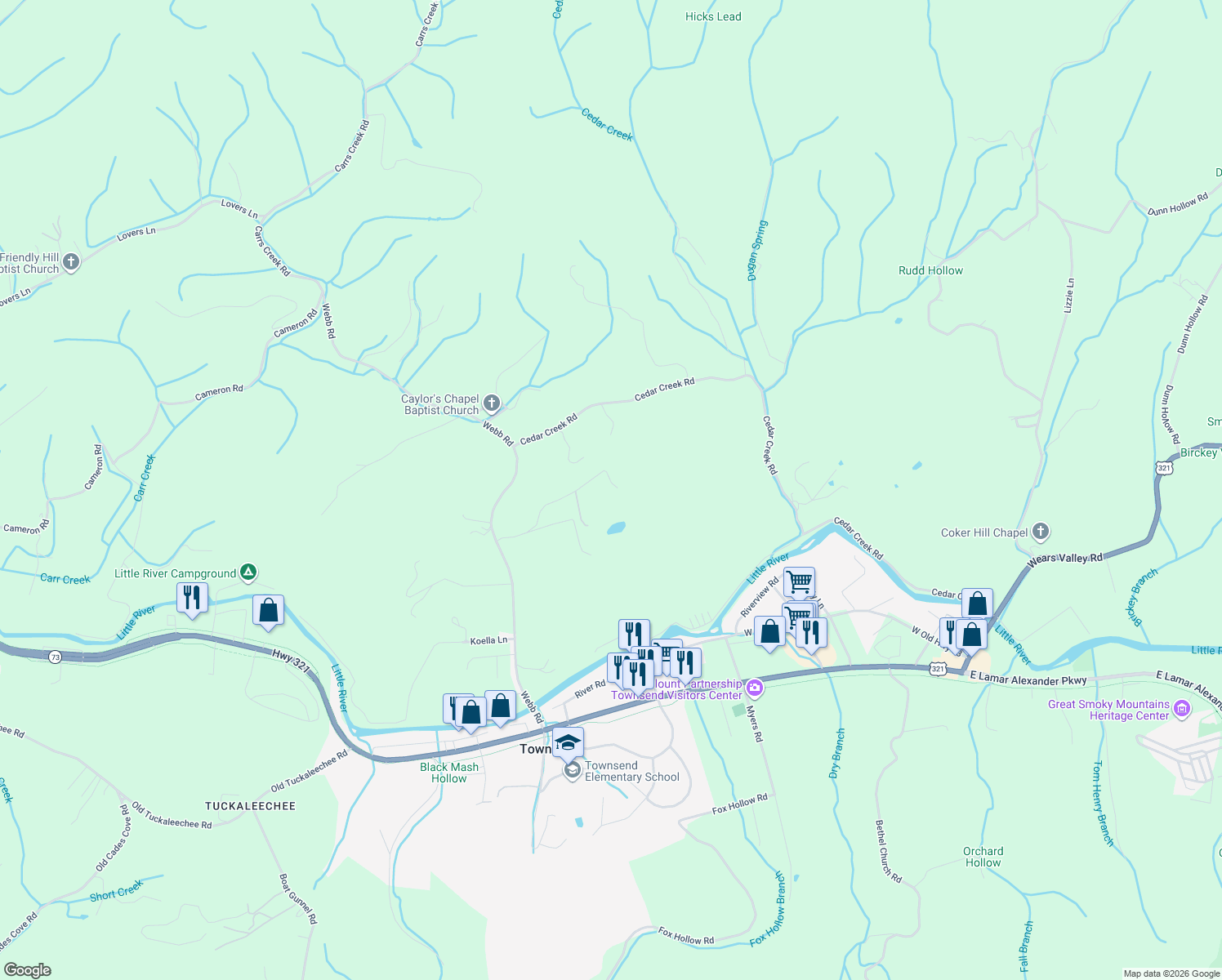 map of restaurants, bars, coffee shops, grocery stores, and more near 7812 Berry Williams Rd in Townsend