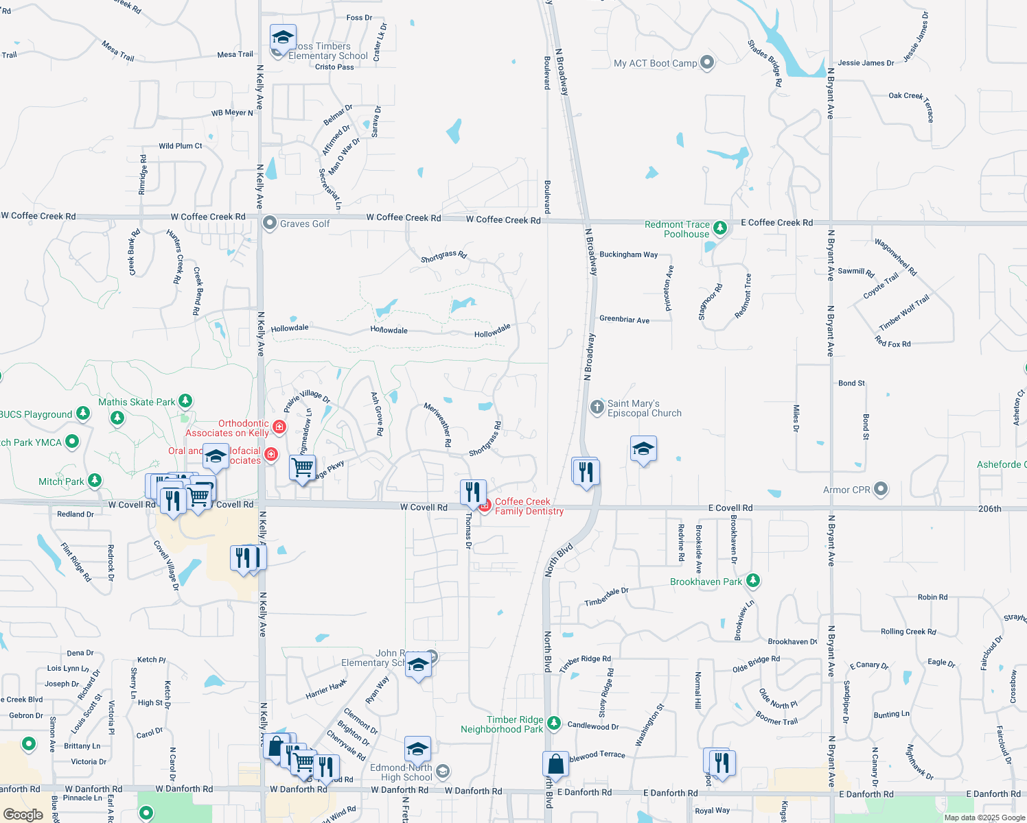 map of restaurants, bars, coffee shops, grocery stores, and more near 3125 Viewmont Ct in Edmond