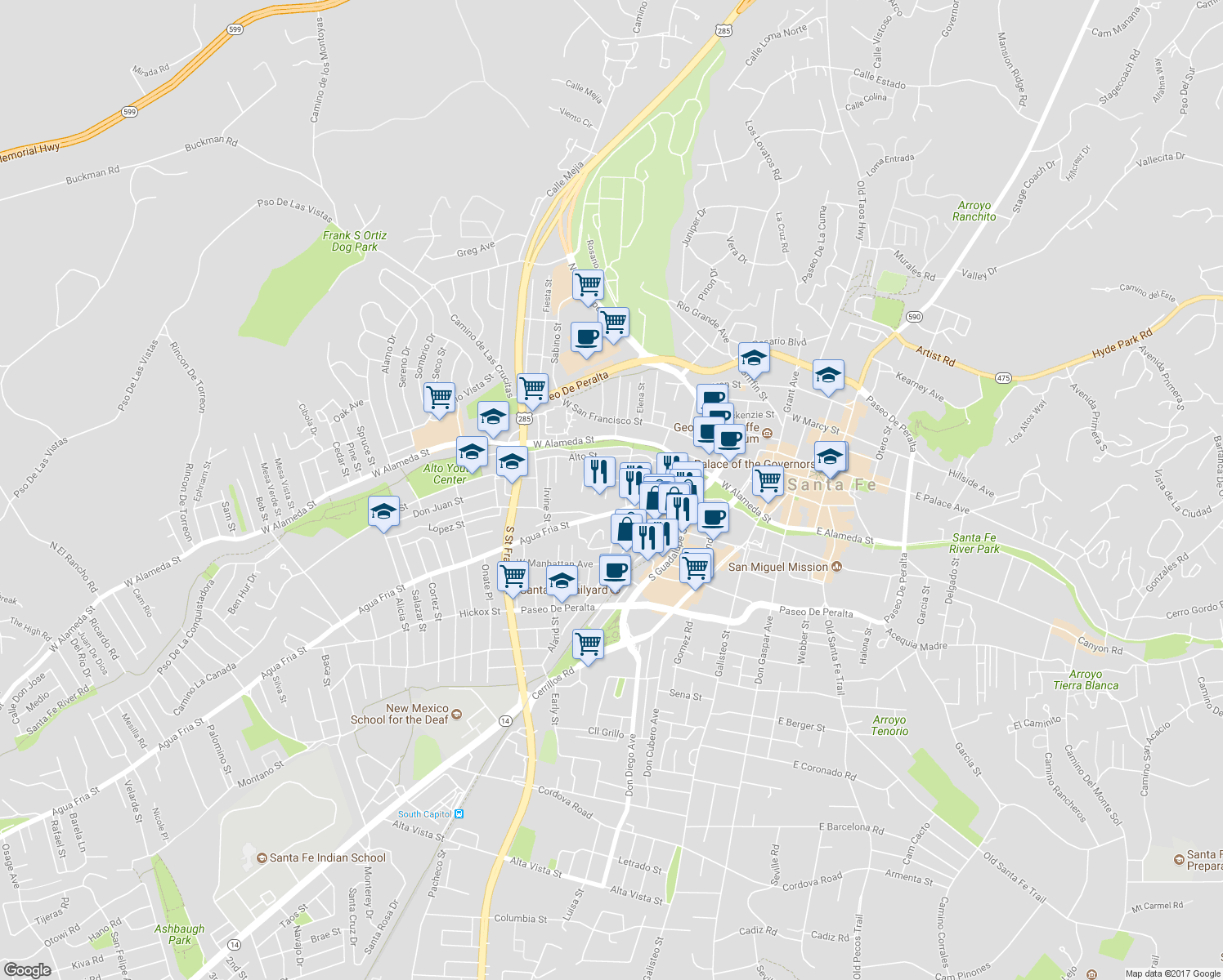 map of restaurants, bars, coffee shops, grocery stores, and more near 237 Casados Street in Santa Fe