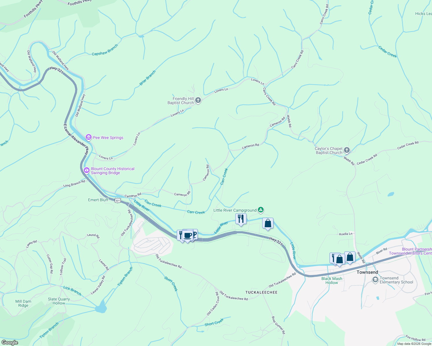 map of restaurants, bars, coffee shops, grocery stores, and more near 468 Rudd Road in Townsend