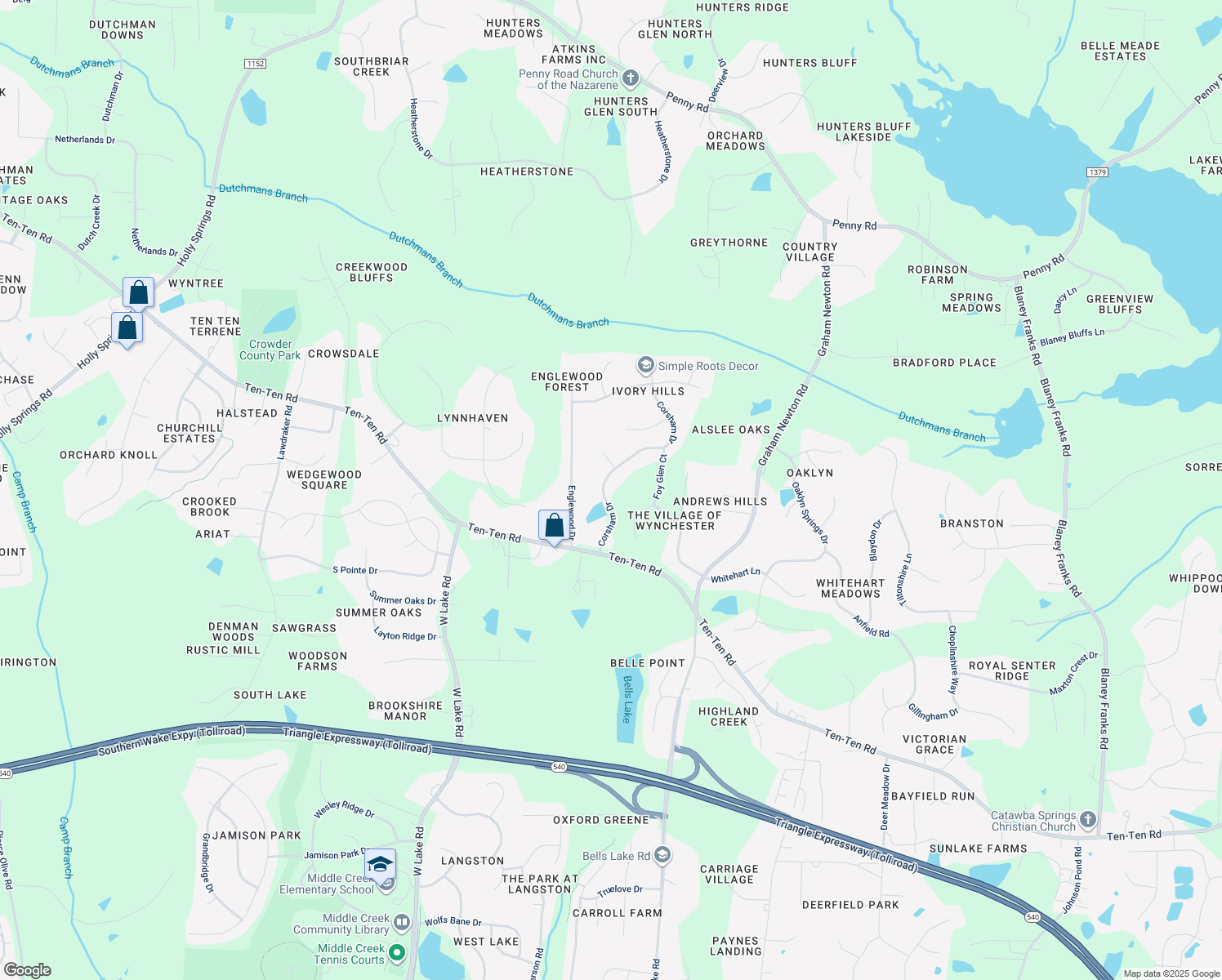 map of restaurants, bars, coffee shops, grocery stores, and more near 3413 Corsham Drive in Apex