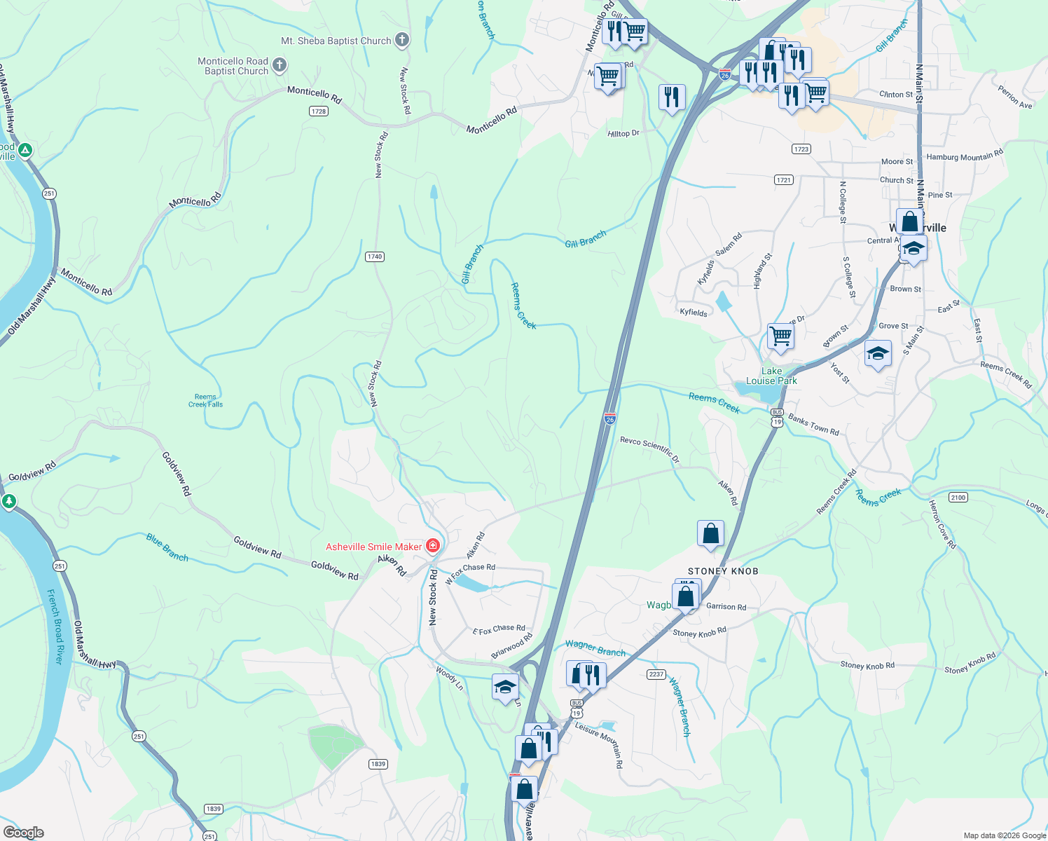 map of restaurants, bars, coffee shops, grocery stores, and more near 30 Foxwood Drive in Asheville