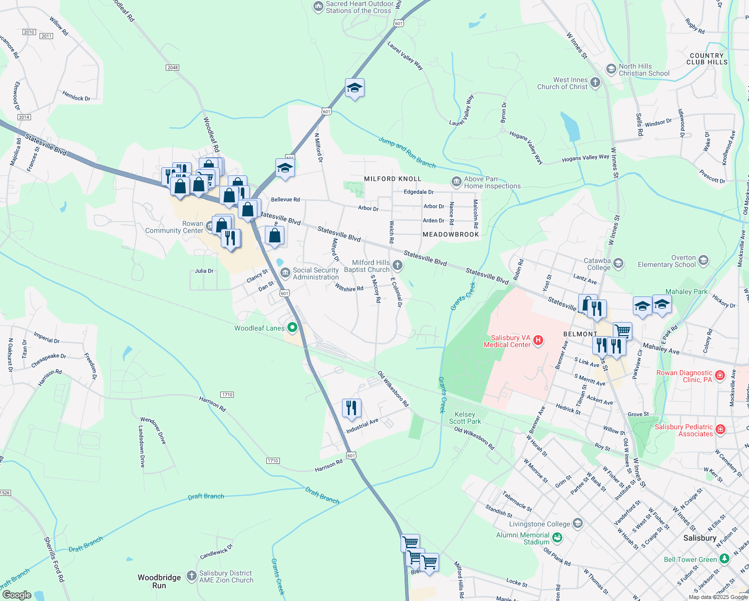 map of restaurants, bars, coffee shops, grocery stores, and more near 220 South Mccoy Road in Salisbury