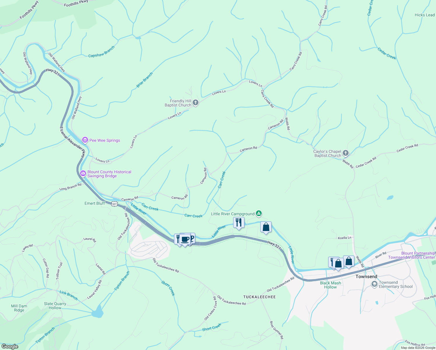 map of restaurants, bars, coffee shops, grocery stores, and more near 468 Rudd Road in Townsend