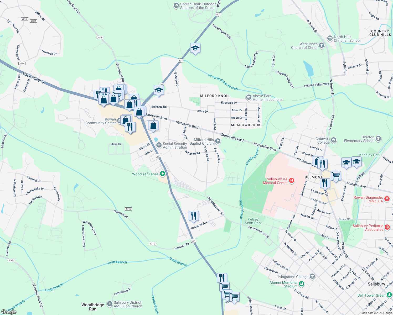 map of restaurants, bars, coffee shops, grocery stores, and more near 210 Milford Drive in Salisbury