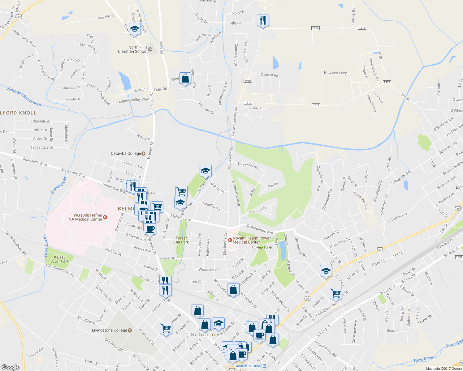 map of restaurants, bars, coffee shops, grocery stores, and more near 1287 West Henderson Street in Salisbury