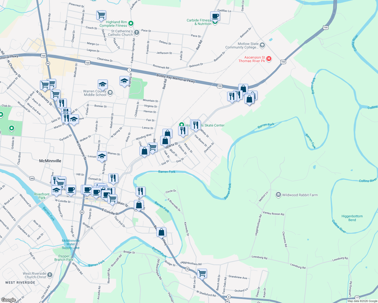 map of restaurants, bars, coffee shops, grocery stores, and more near 118 Mauzy St in McMinnville