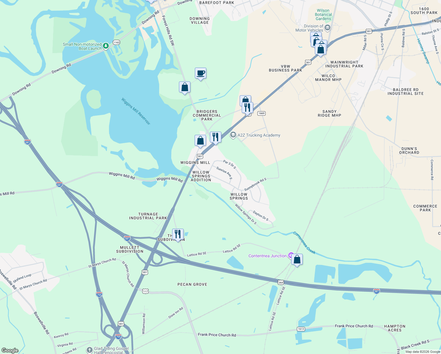 map of restaurants, bars, coffee shops, grocery stores, and more near 1111 Sunnybrook Rd S in Wilson