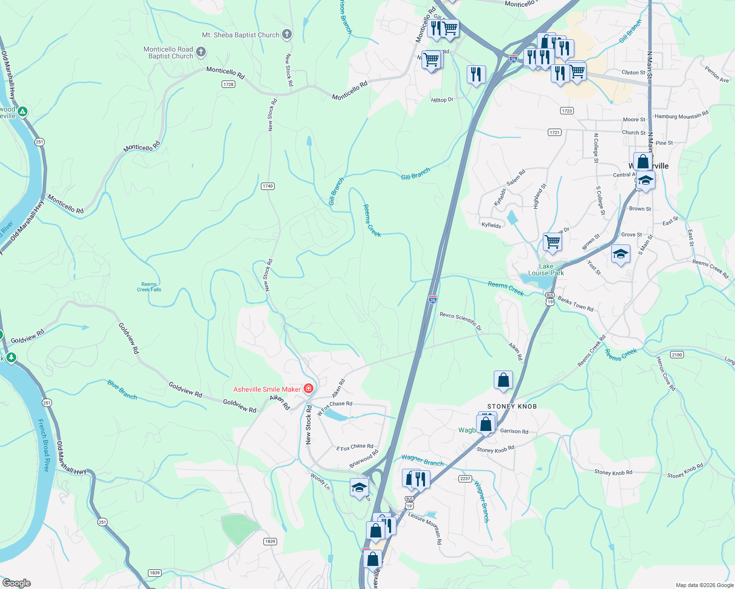 map of restaurants, bars, coffee shops, grocery stores, and more near 30 Foxwood Drive in Asheville