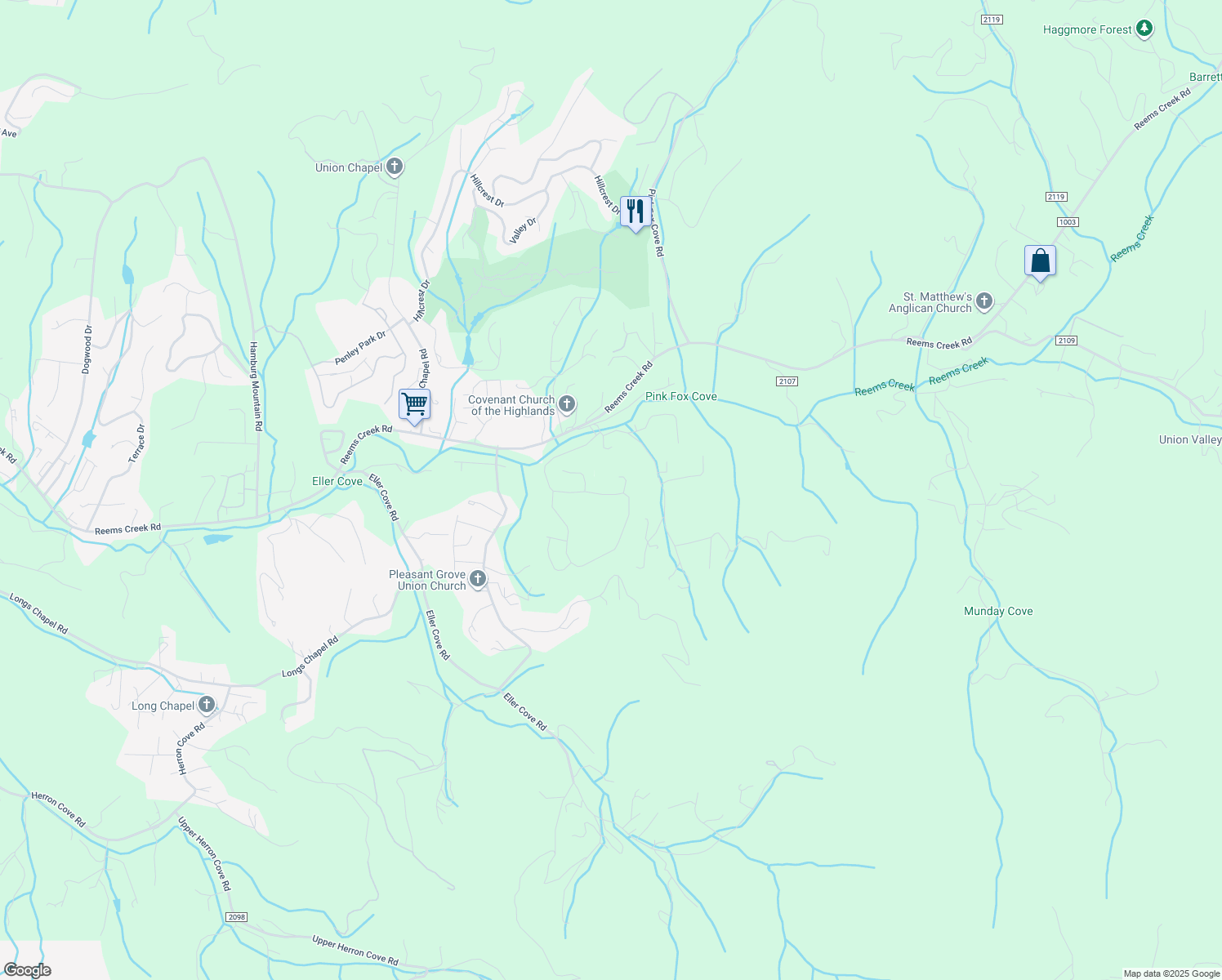 map of restaurants, bars, coffee shops, grocery stores, and more near 195 Water Leaf Drive in Weaverville