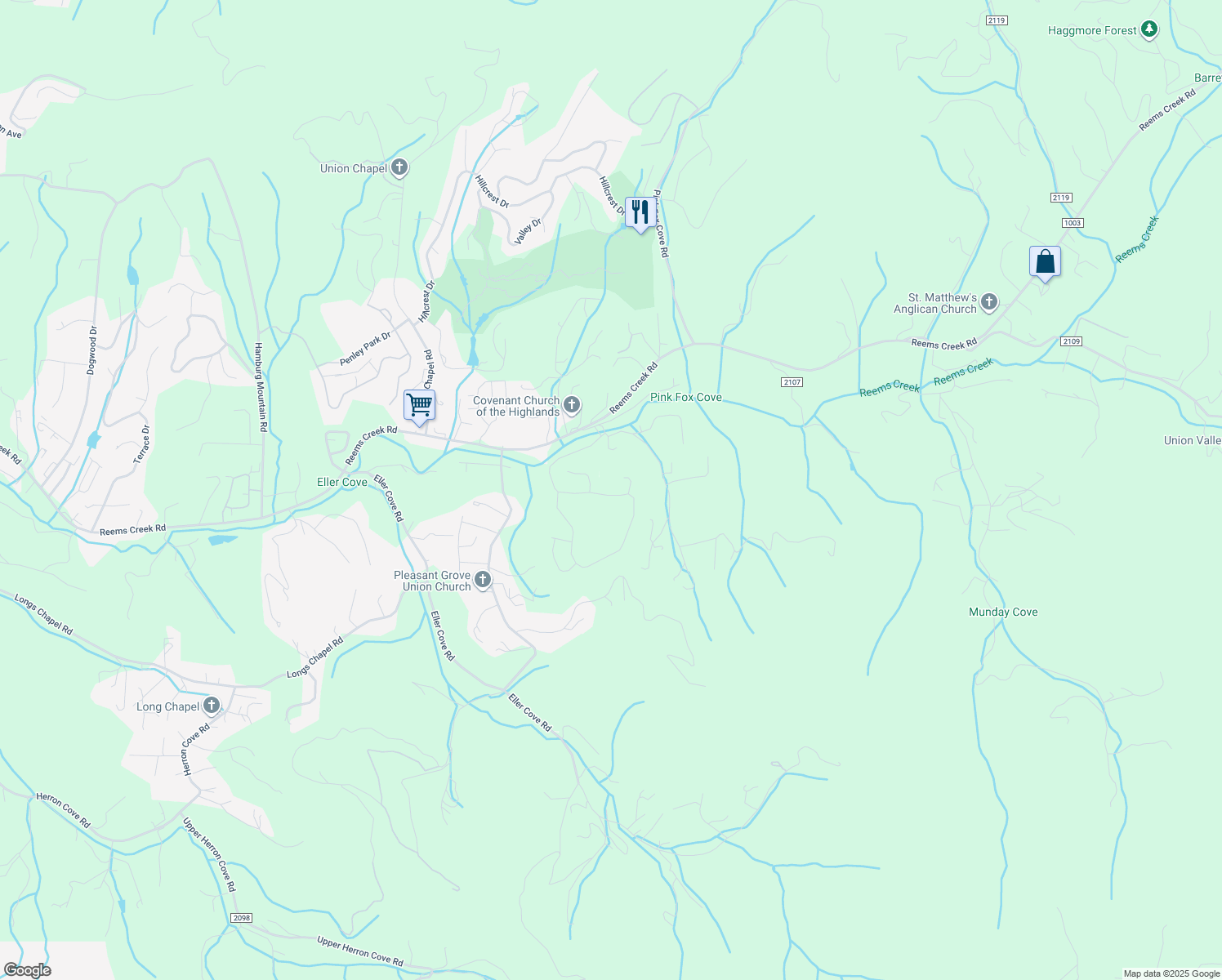 map of restaurants, bars, coffee shops, grocery stores, and more near 195 Water Leaf Drive in Weaverville