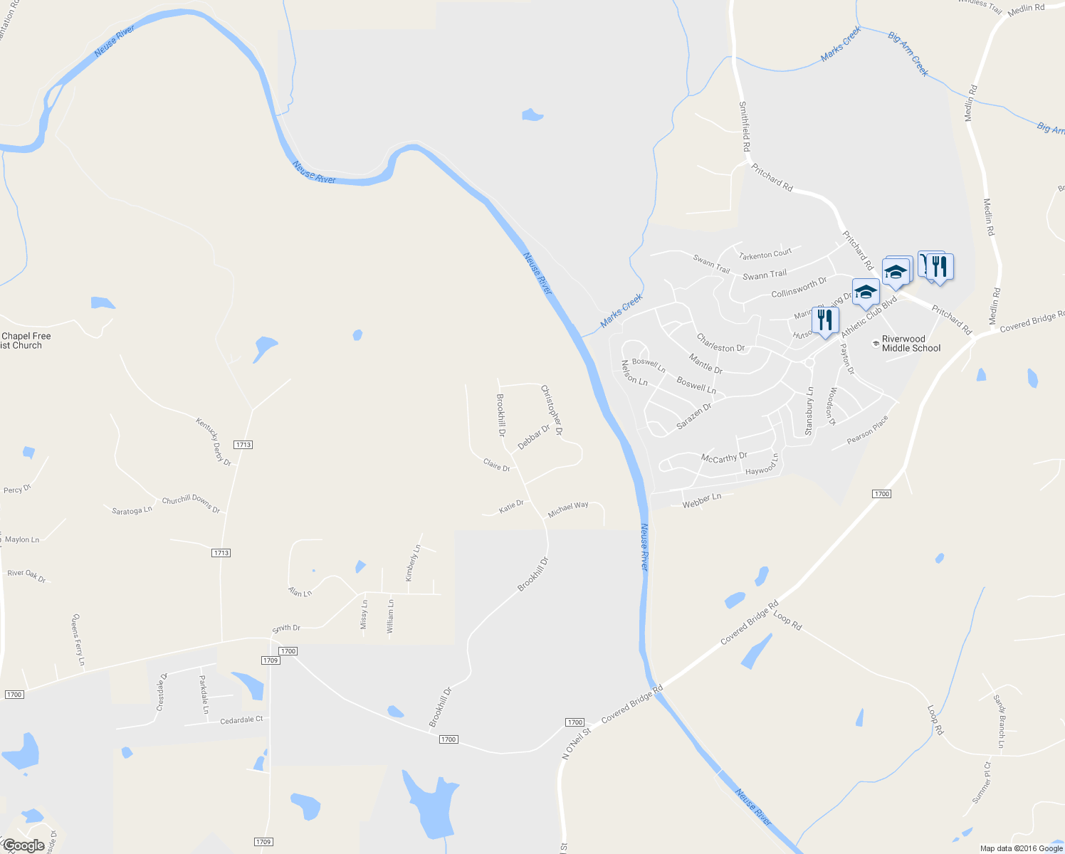 map of restaurants, bars, coffee shops, grocery stores, and more near 115 Debbar Dr in Clayton