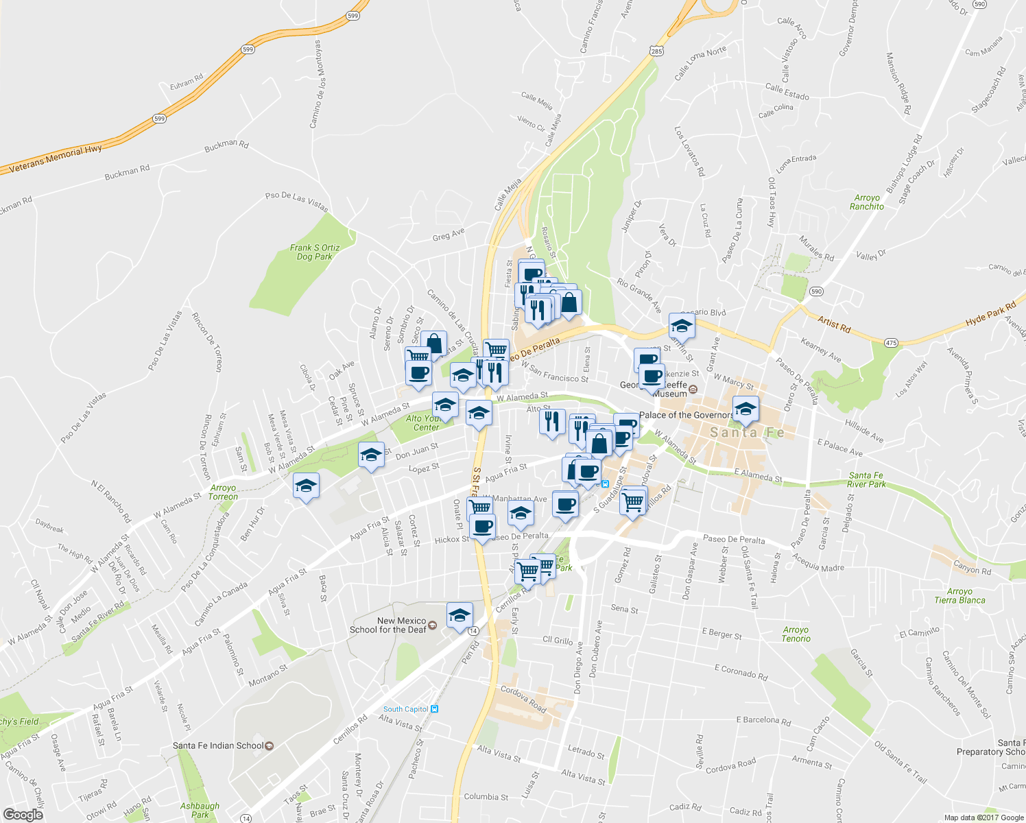 map of restaurants, bars, coffee shops, grocery stores, and more near 201 Irvine St in Santa Fe