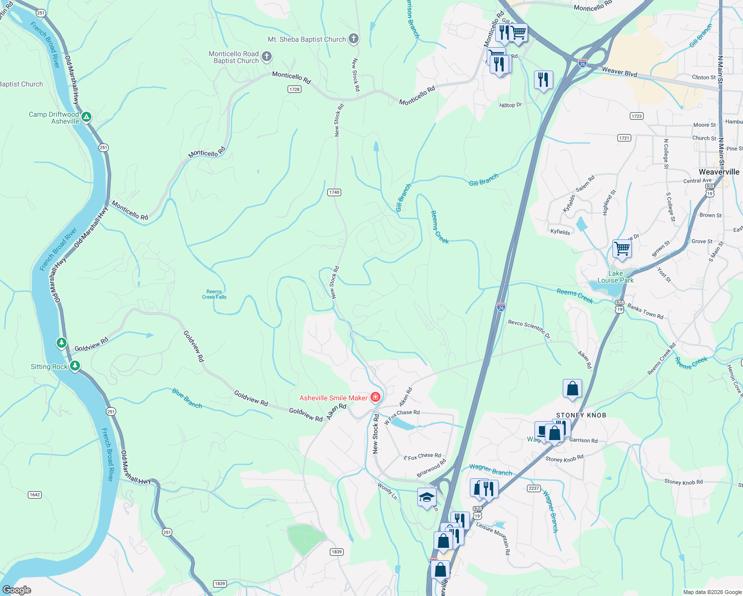 map of restaurants, bars, coffee shops, grocery stores, and more near 29 Nichols Hill Drive in Asheville